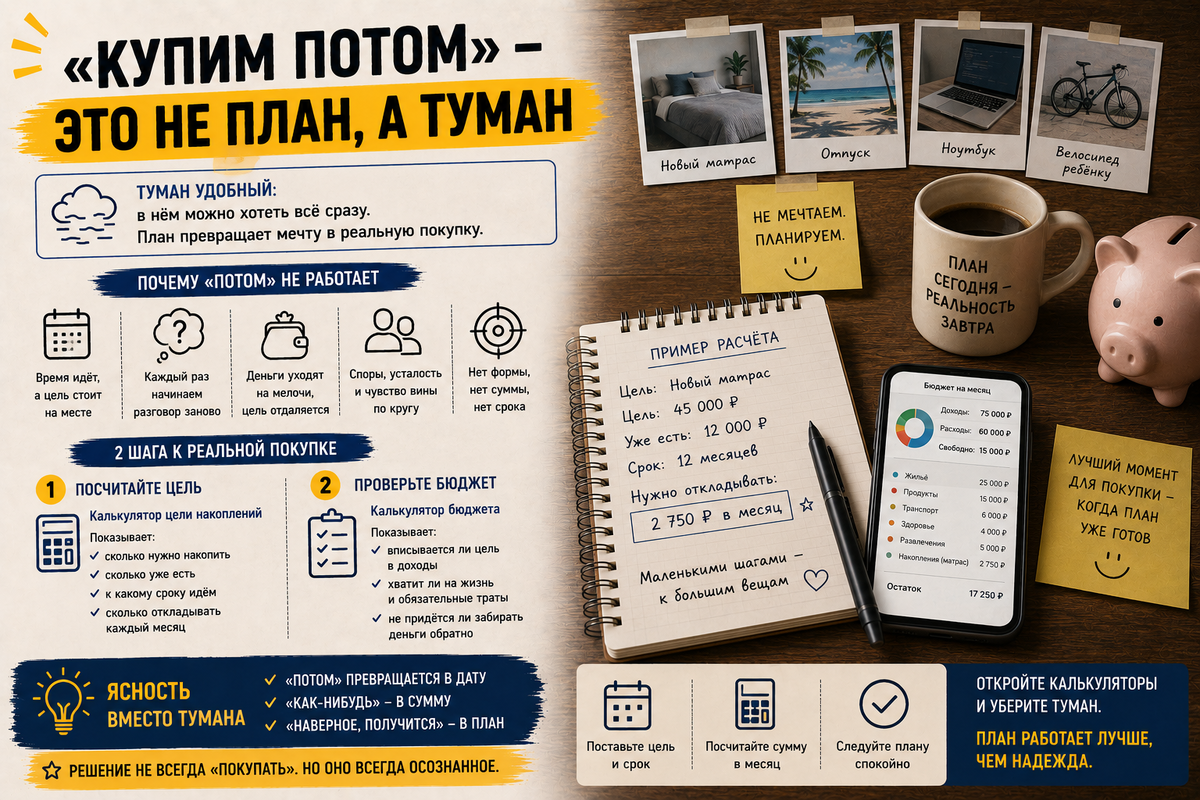 В семье есть особая категория покупок: они вроде нужны, но всё время живут в слове «потом». Новый матрас, отпуск, ноутбук, велосипед ребёнку — всё понятно, кроме одного: когда и на какие деньги.