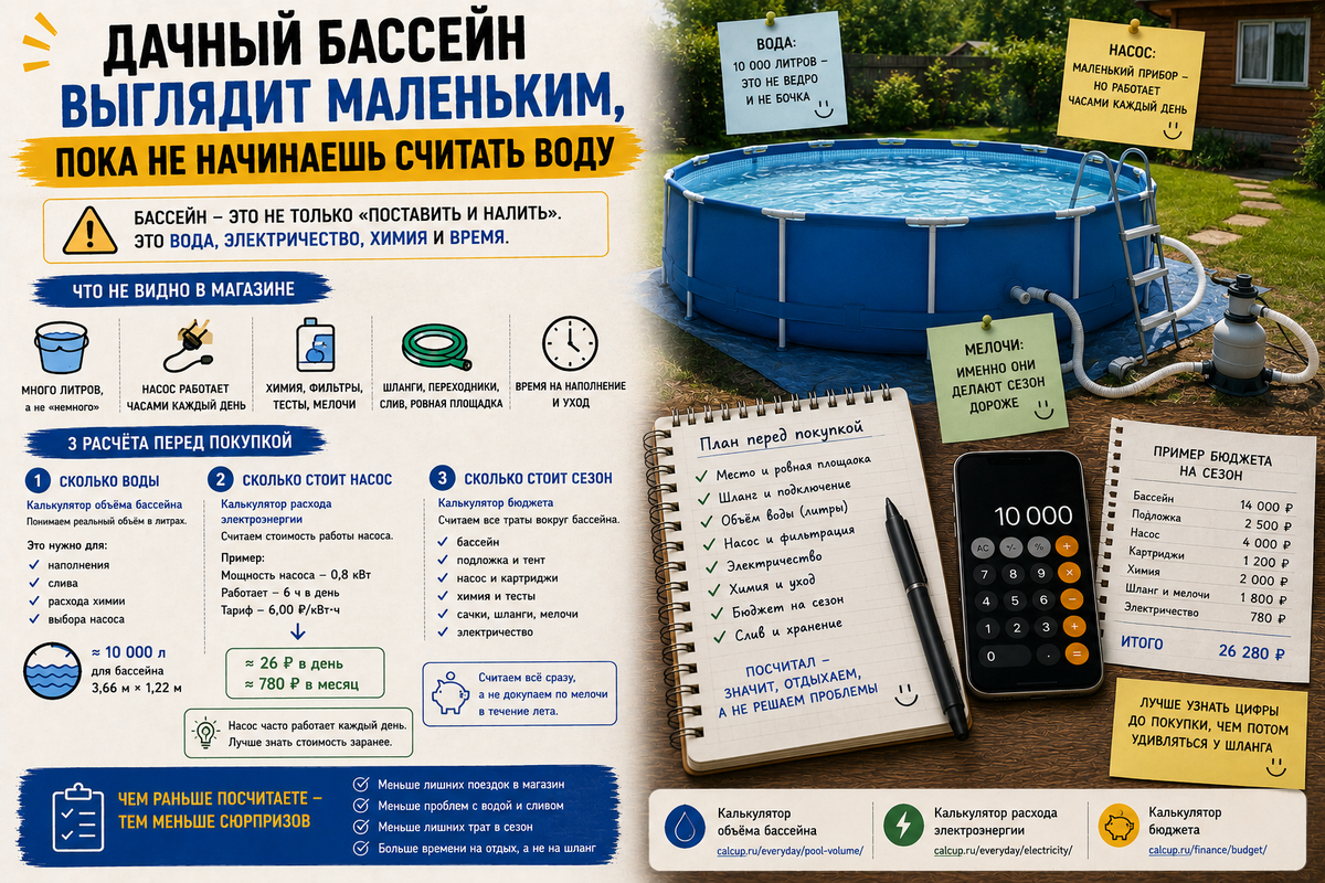Каркасный бассейн покупают как летнюю радость. А потом внезапно появляются литры, насос, электричество, химия, шланг через пол-участка и вопрос: «Мы точно это заранее понимали?»