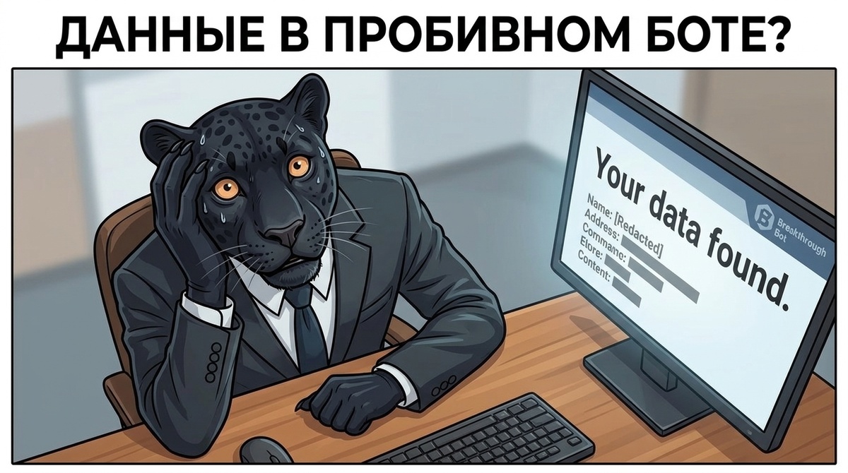 Пантера сидит перед монитором с уведомлением об утечке данных, удивлённо смотрит на зрителя.