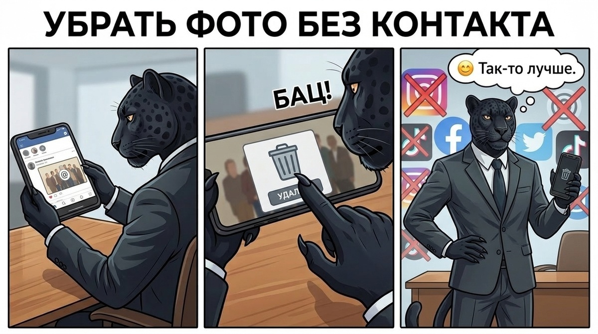 Пантера держит смартфон с иконкой корзины, стоит в уверенной позе на фоне логотипов соцсетей.