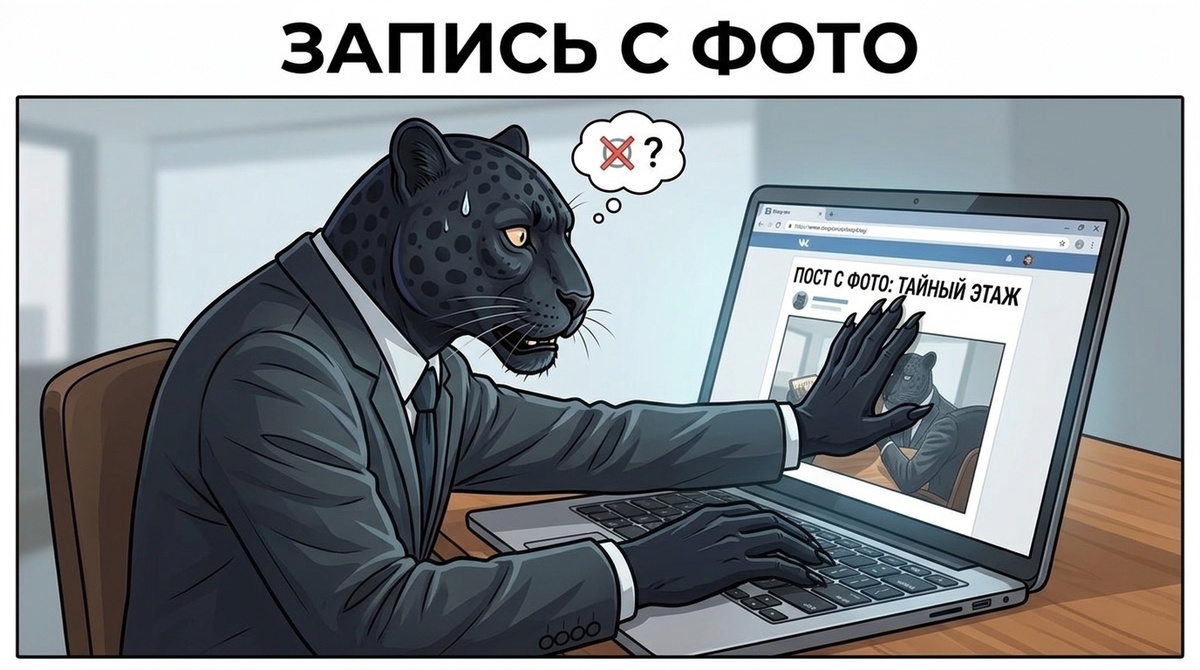 Пантера сидит за ноутбуком, на экране её фотография и заголовок с ложными обвинениями, лапа касается экрана.