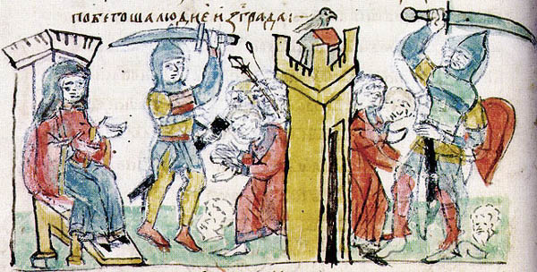 Подавление восстания древлян княгиней Ольгой. Минатюра Радзивилловской летописи, XV век. После данных событий князем Древлянской земли стал Олег Святославич из династии Рюриковичей.
