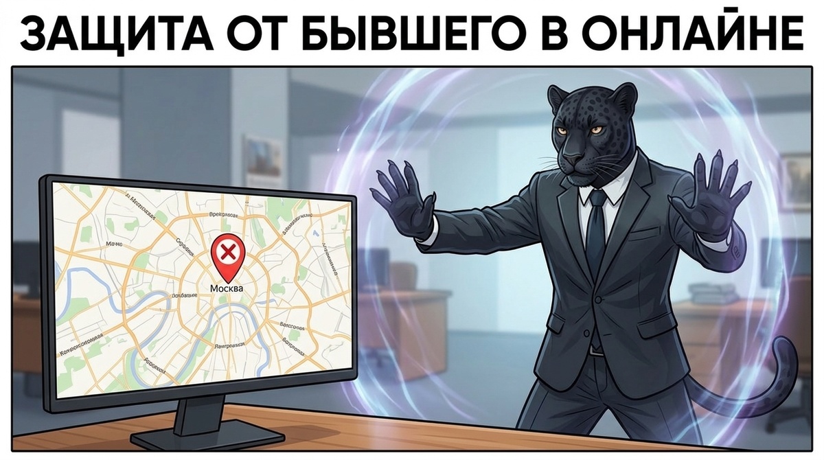Пантера на задних лапах вытягивает передние лапы перед монитором с картой и красной меткой, жестом остановки.