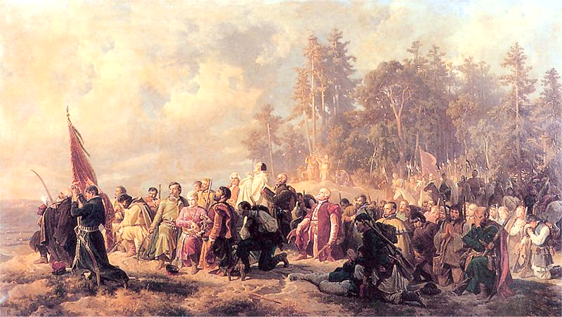 Артур Гротгер. Молитва барских конфедератов перед битвой под Лянцкороной (1863). Ссылка: https://vk.com/@great_and_sovereign-aleksandr-vasilevich-suvorov-i-ego-uchastie-v-razgrome-barsk Для справки: 23 (12 по старому стилю) мая 1771 года русский отряд под командованием генерал-майора Александра Суворова разгромил войска Барской конфедерации в битве под Лянцкороной (Ландскроной). Это сражение стало важным эпизодом в борьбе России против Барской конфедерации в Речи Посполитой. В большинстве источников об этом сражении пропускают участие в нём Астраханского пехотного полка. И только в книге полковника Генерального штаба Петрова Андрея Николаевича (1837—1900) "Война России с Турцией и Польскими конфедератами с 1769-1774 год. Том III." нашёл упоминание участия Астраханского пехотного полка в битве под Лянцкороной (Ландцкроной) 23 (12 по старому стилю) мая 1771 года: "В это время Суворов ввел в дело свою пехоту - Астраханский и С.-петербургский полки. Выбив стрелков, защищавших центральную рощу, пехота взобралась на высоты и тотчас же устроилась в порядок. Миончинский, также стоявший в центре, желая предупредить атаку русской пехоты, двинулся вперед и врубился в наши ряды, но тотчас же был сбит с лошади, ранен и взят в плен. После чего, Валевский, составлявший левый фланг позиции, отступил в порядке в Ландскрону; все же остальные конфедераты разбежались, спасаясь кто как мог. Казаки преследовали несколько верст разбитаго неприятеля, нанеся ему при этом потерю до 300 ч. убитыми, ранеными и взятыми в плен. Вообще конфедераты потеряли при Ландскроне до 500 убитыми и 200 пленных". Источник: Петров Андрей Николаевич. Война России с Турцией и Польскими конфедератами с 1769-1774 год. Том III. СанктПетербург, 1874. С. 224- 225. https://runivers.ru/bookreader/book9653/#page/254/mode/2up