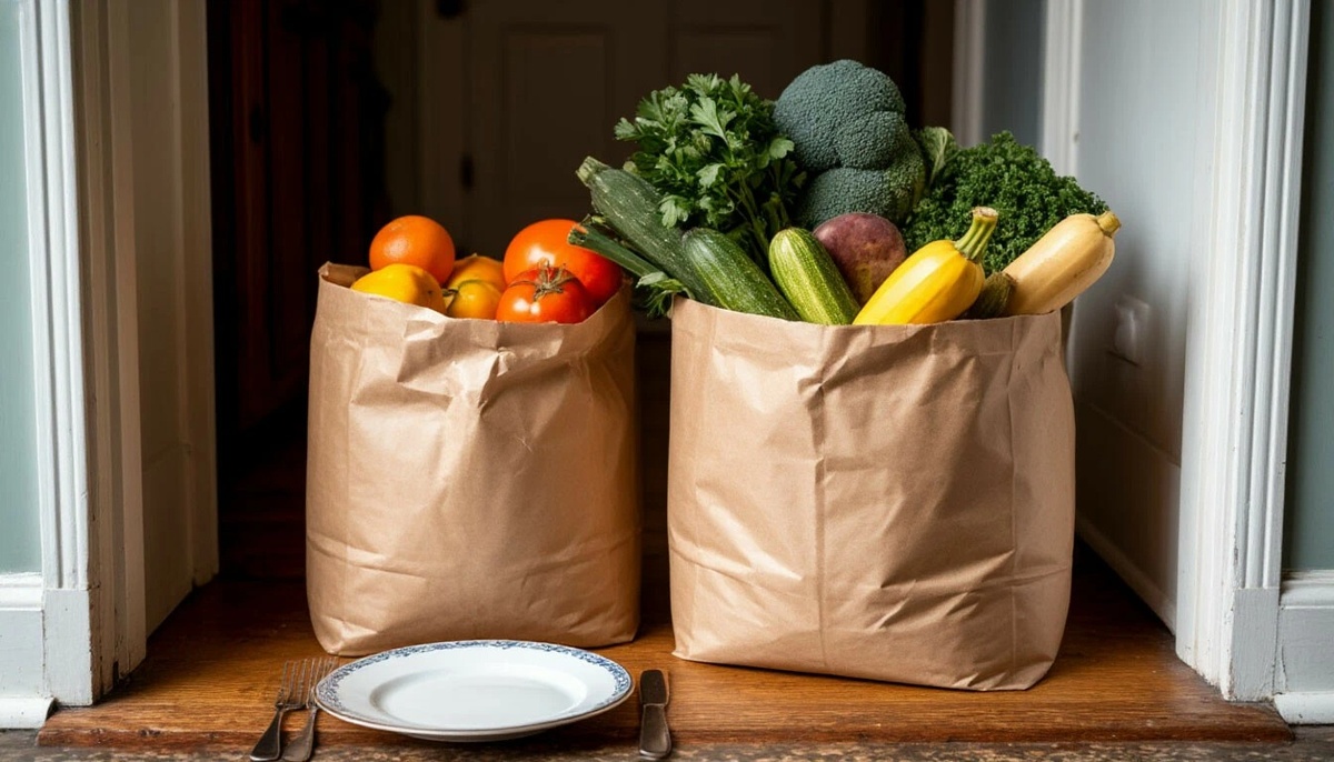 Два переполненных пакета с продуктами на пороге кухни. Рядом пустая тарелка и вилка. Есть продукты, но нет ужина.