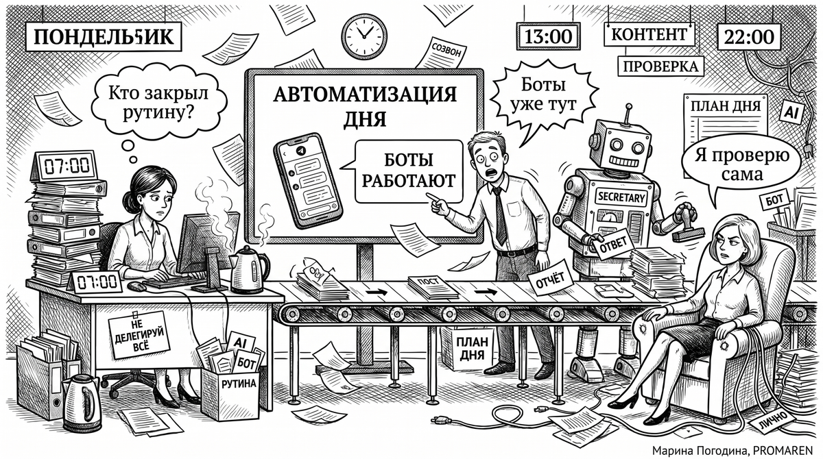    AI автоматизация дня в чёрно-белой карикатуре про рутину и контроль | Марина Погодина, PROMAREN