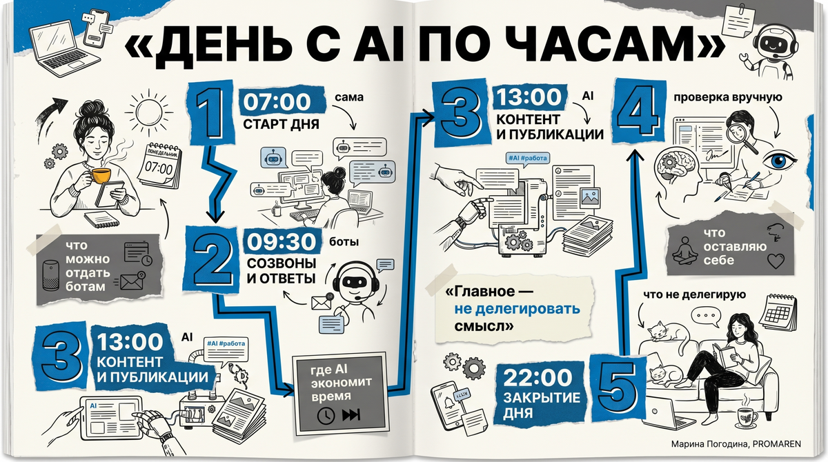    AI автоматизация дня: таймлайн понедельника по часам и ролям | Марина Погодина, PROMAREN