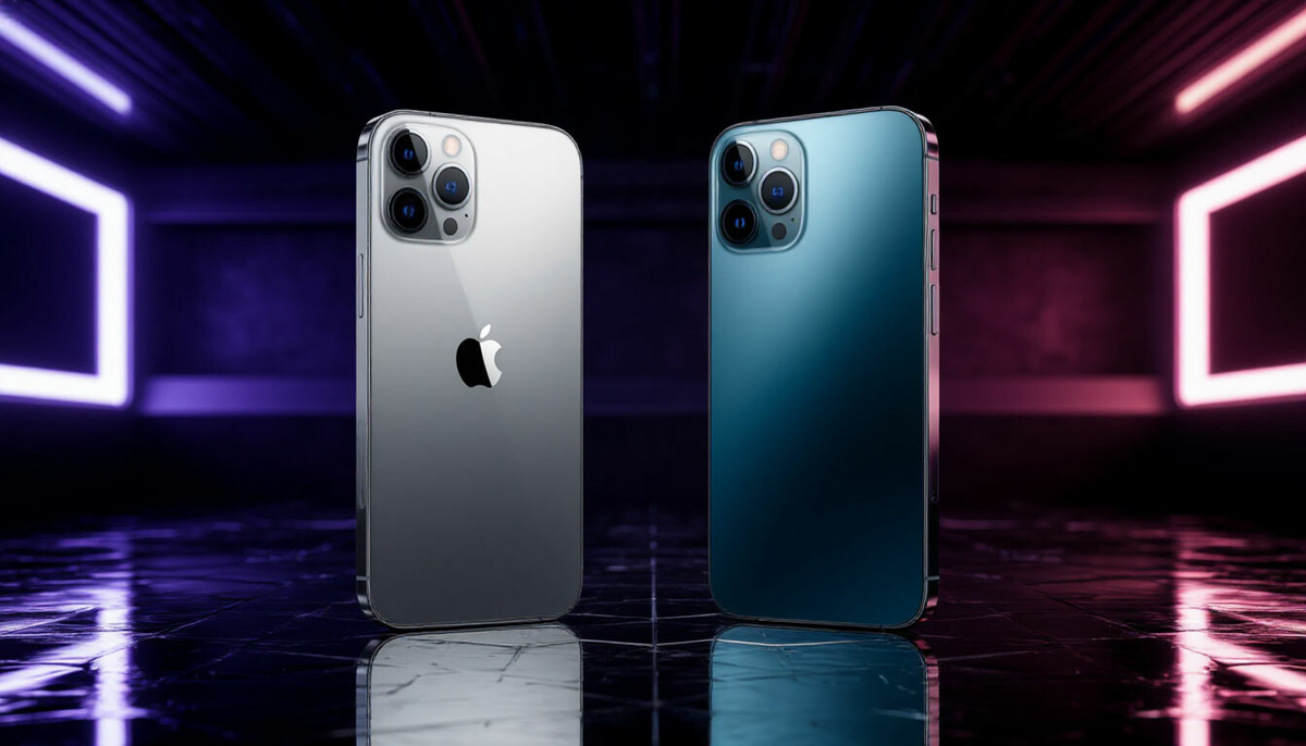 Премиальные смартфоны Apple и Xiaomi стоят друг против друга на темном фоне