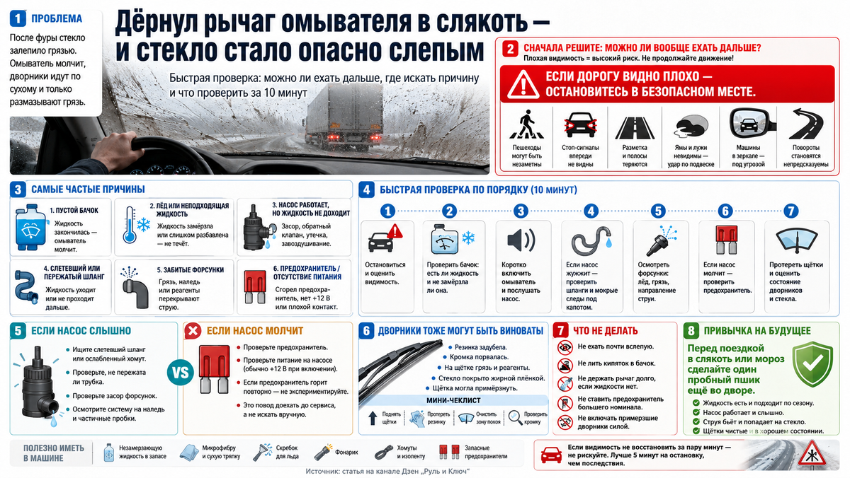 Перестал работать омыватель лобового и дворники мажут по стеклу: что проверить за 10 минут и что опасно