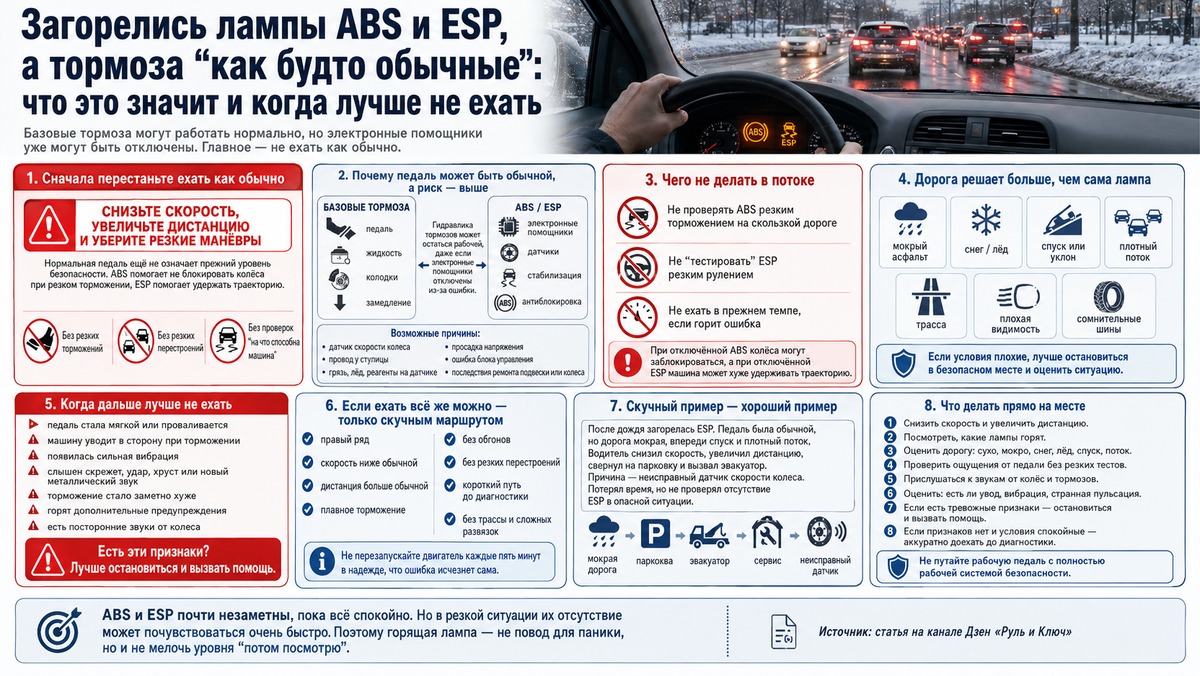 Загорелись лампы ABS и ESP, а тормоза «как будто обычные»: что это значит и когда лучше не ехать