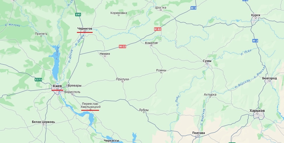 Взаимное расположение Киева, Чернигова и Переяславля Русского (сейчас Переяслав-Хмельницкий) на современной карте