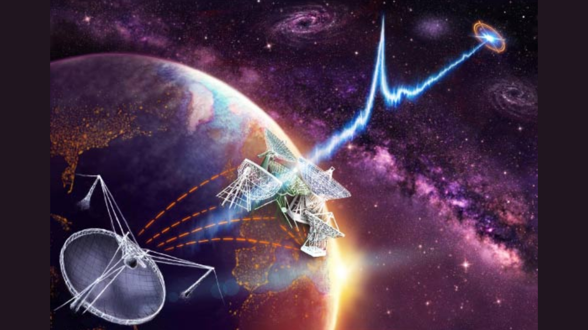 Разнесенные по всему миру антенны Европейской сети VLBI соединены друг с другом и 305-метровым телескопом Уильяма Э. Гордона в обсерватории Аресибо в Пуэрто-Рико. Вместе они позволили точно определить местоположение FRB121102 в пределах галактики-хозяина. Изображение: Даниэль Футселаар. Источник: sci.news