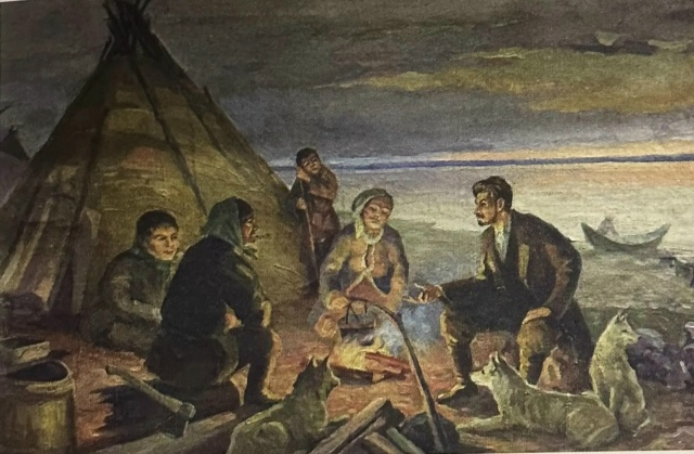 Григорий Попов. «И.В.Сталин беседует с эвенками у летнего чума во время пребывания в Туруханской ссылке. 1914 год». 1935
