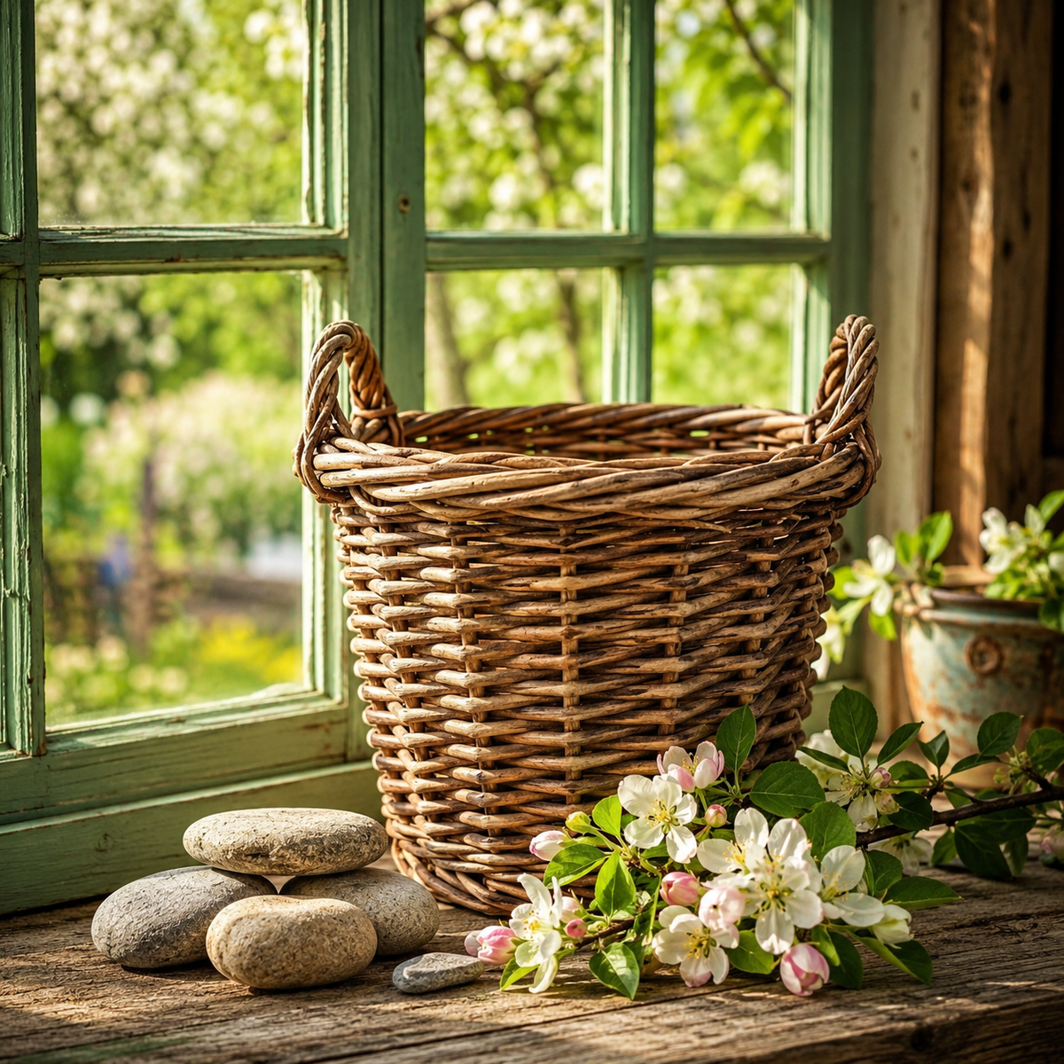 Корзина, камни, весна. И предчувствие нового дела, которое обязательно согреет душу 🌿