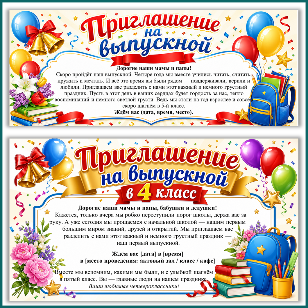 Скачать приглашение на выпускной в начальной школе. Бесплатно.