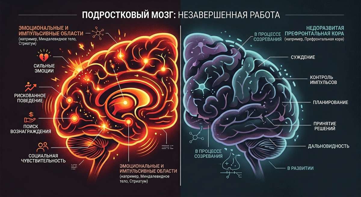 Эмоции созревают раньше. Контроль — позже. Это не слабость — это физиология.