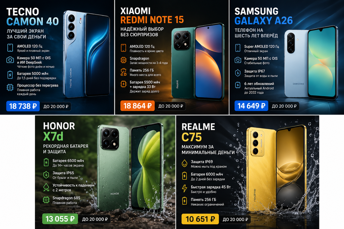 Сравнение лучших смартфонов до 20 000 рублей в 2026 году: Tecno Camon 40, Xiaomi Redmi Note 15, Samsung Galaxy A26, Honor X7d и Realme C75 с ценами и характеристиками.