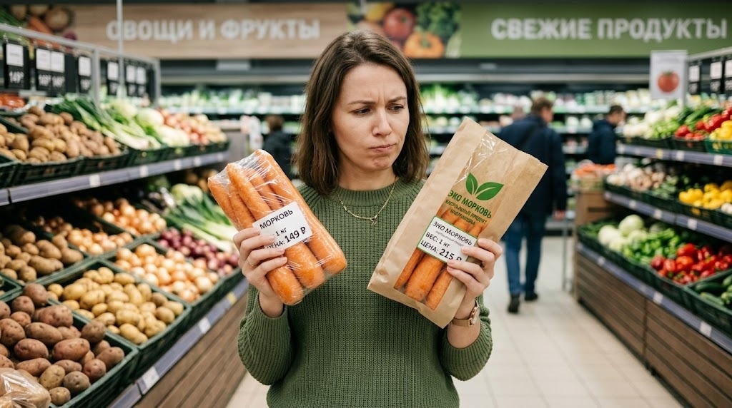 с зелёной наклейкой и словом «эко». Разница в цене — почти вдвое. Разница на тарелке — гораздо менее очевидная