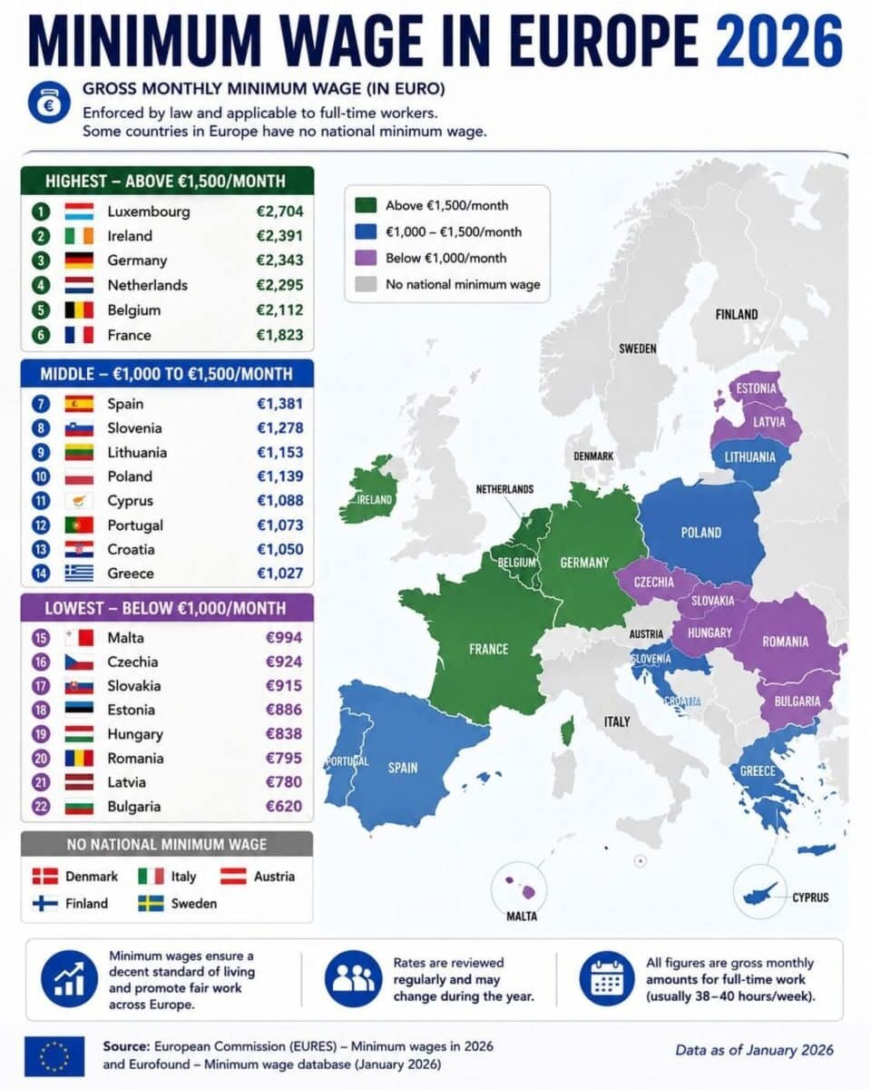    Инфографика: минимальная зарплата в странах Европы / © OnlMaps