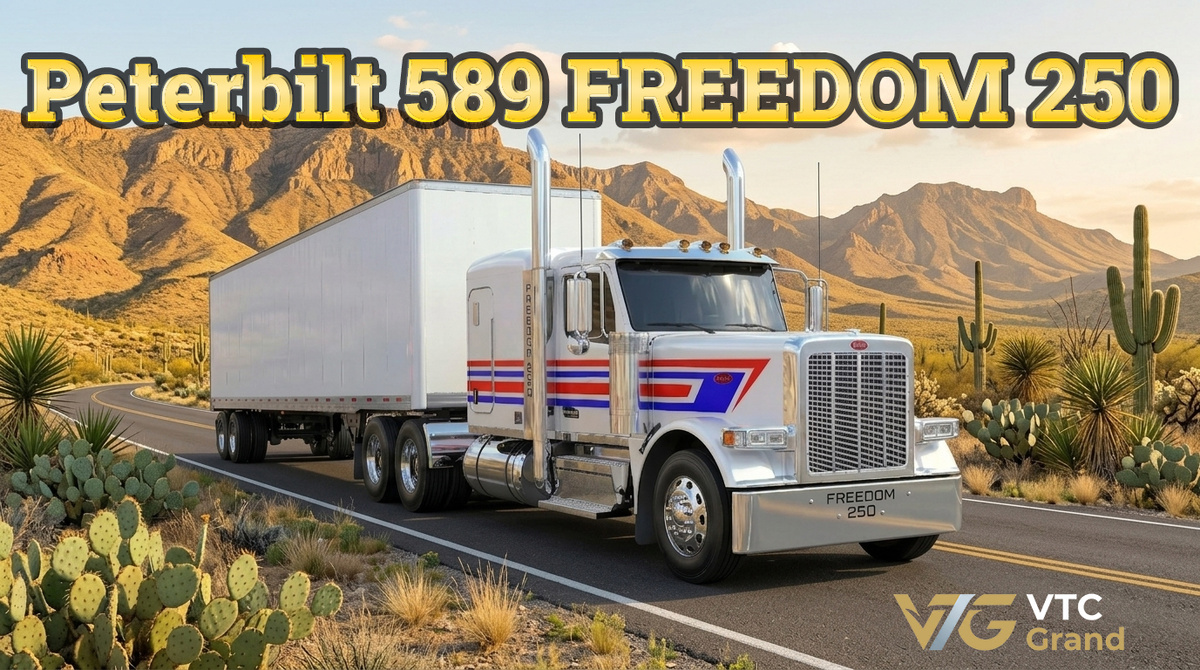 Художественная визуализация Peterbilt 589 Freedom 250 Special Edition на фоне Техаского пейзажа. Изображение создано на основе референс-материалов от Peterbilt Motors Company. Автор коллажа: VTC Grand/Ai