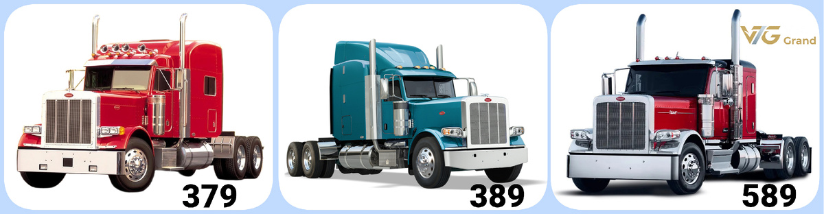 Демонстративное сравнение трех поколений Peterbilt: модели 379, 389 и 589. Изображение создано на основе референс-материалов от Peterbilt Motors Company. Автор коллажа: VTC Grand