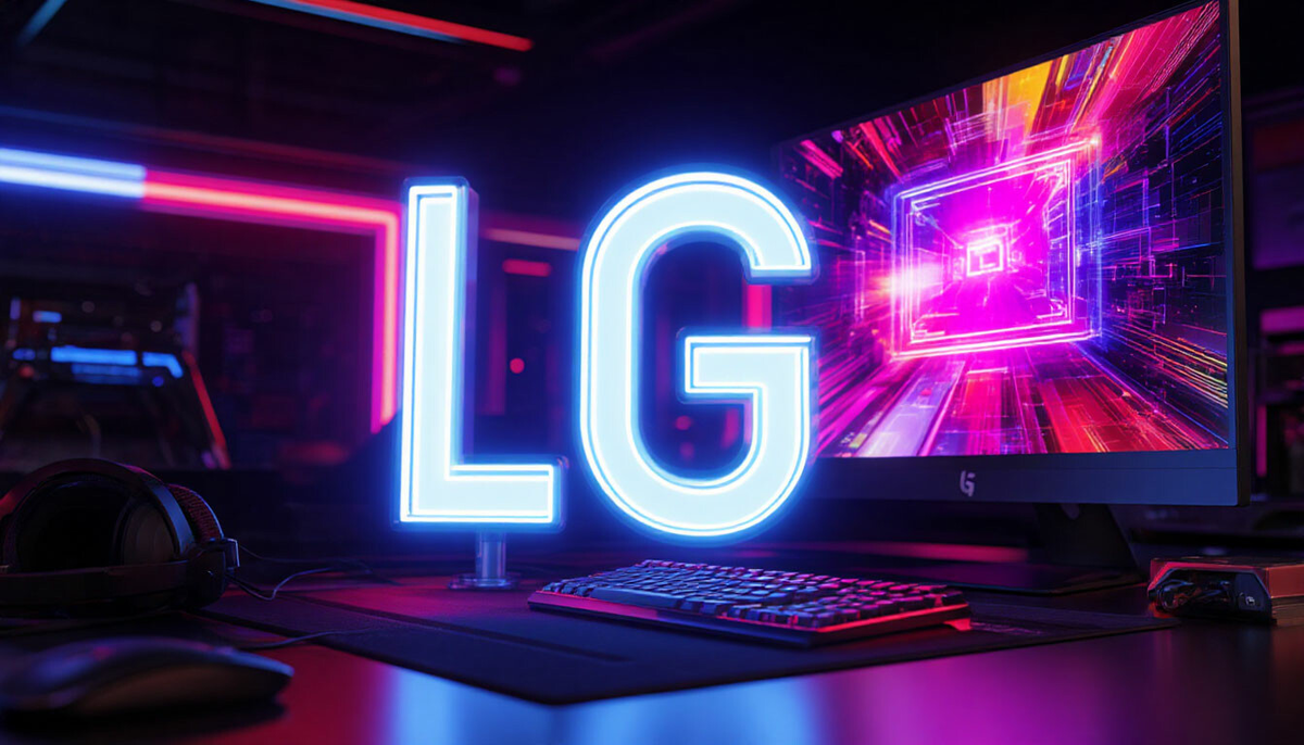 Неоновый логотип бренда LG на фоне нового футуристичного игрового монитора