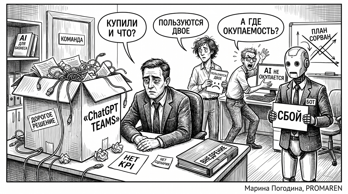    Карикатура про ошибки внедрения AI, когда команда не пользуется инструментом | Марина Погодина, PROMAREN