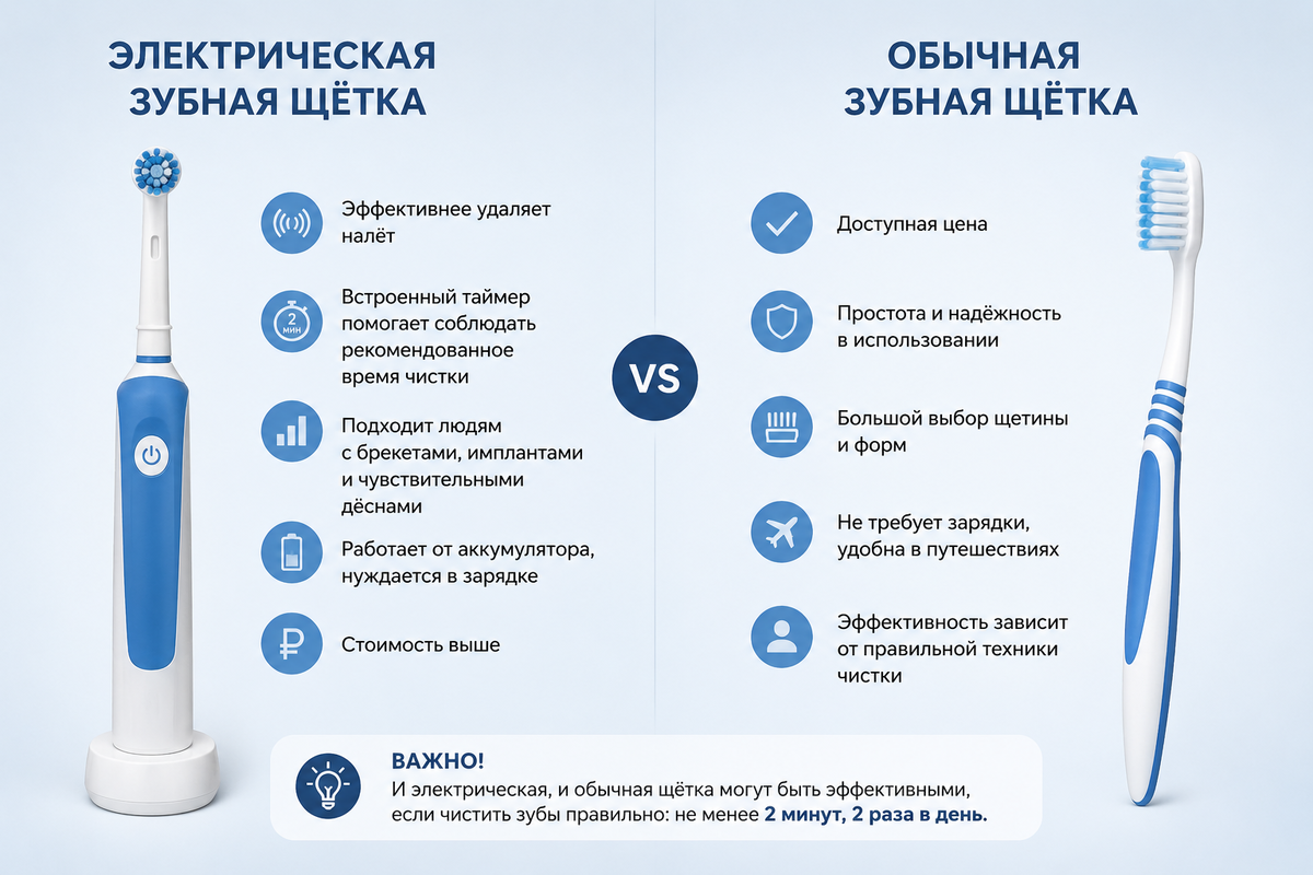 Электрическая и обычная зубная щётка