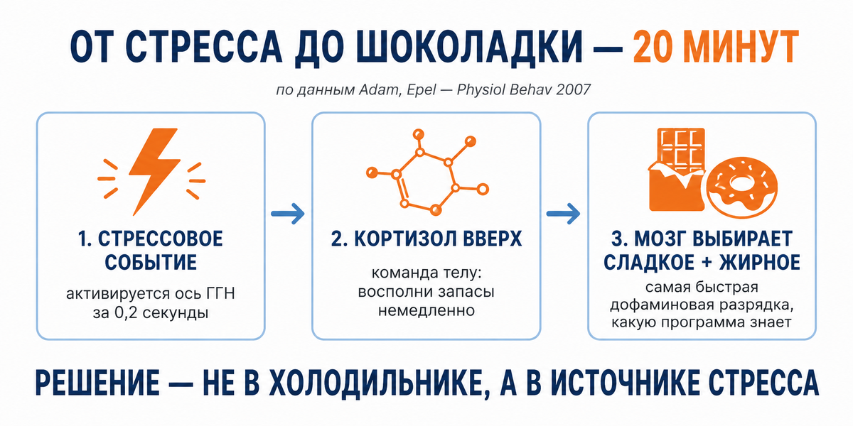 От стрессового события до шоколадки в руке проходит примерно 20 минут — ровно столько, сколько нужно кортизолу, чтобы поднять уровень в крови и отправить мозгу команду «срочно найди калории»