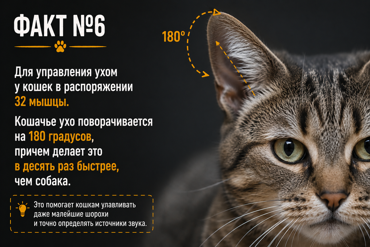 Для управления ушами у кошек используется больше 30 мышц.