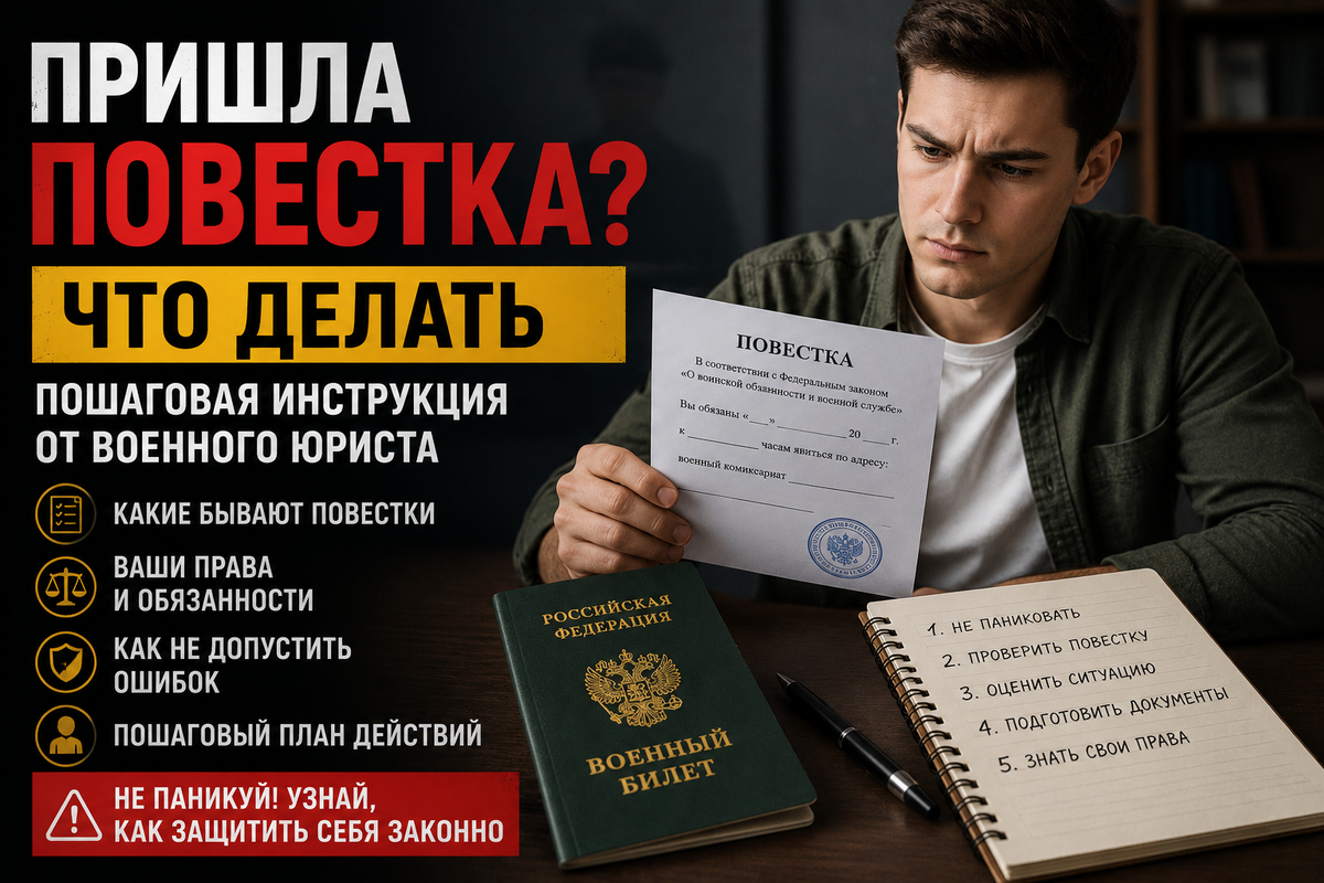 Что делать, если пришла повестка: главное — не паниковатьПришла повестка из военкомата? Разбираем, что делать в 2026 году, какие повестки считаются законными, какие права есть у призывника и как защитить себя от ошибок и незаконных действий. Пошаговая инструкция от военного юриста.
