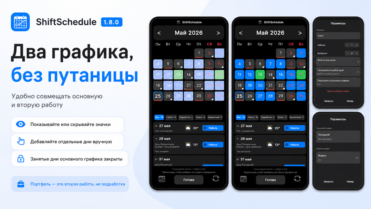 В новой версии ShiftSchedule появилась поддержка второго графика: теперь основную и вторую работу можно вести в одном календаре, не путая их с подработкой.
