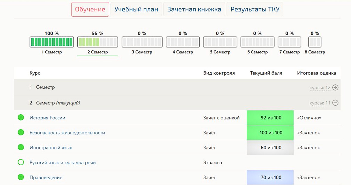 Скриншот с платформы онлайн обучения в вузе, организация учебного процесса