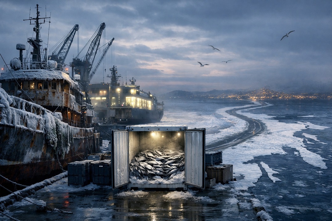 Рыболовецкий траулер образно мёрзнет у причала. ИИ. 2026 год.