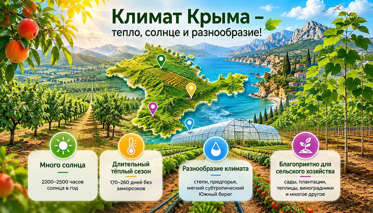 Крым традиционно считается одним из наиболее интересных регионов для сельского хозяйства благодаря сочетанию благоприятного климата, большого количества солнечных дней и разнообразия почв.