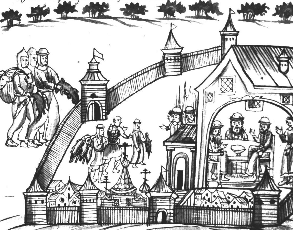Сбор ясака. Ремезовская летопись.  
Авторство: Семён Ульянович Ремезов. "История Сибирская". Мультимедиа Центр НГУ [1], Общественное достояние, https://commons.wikimedia.org/w/index.php?curid=9038473
