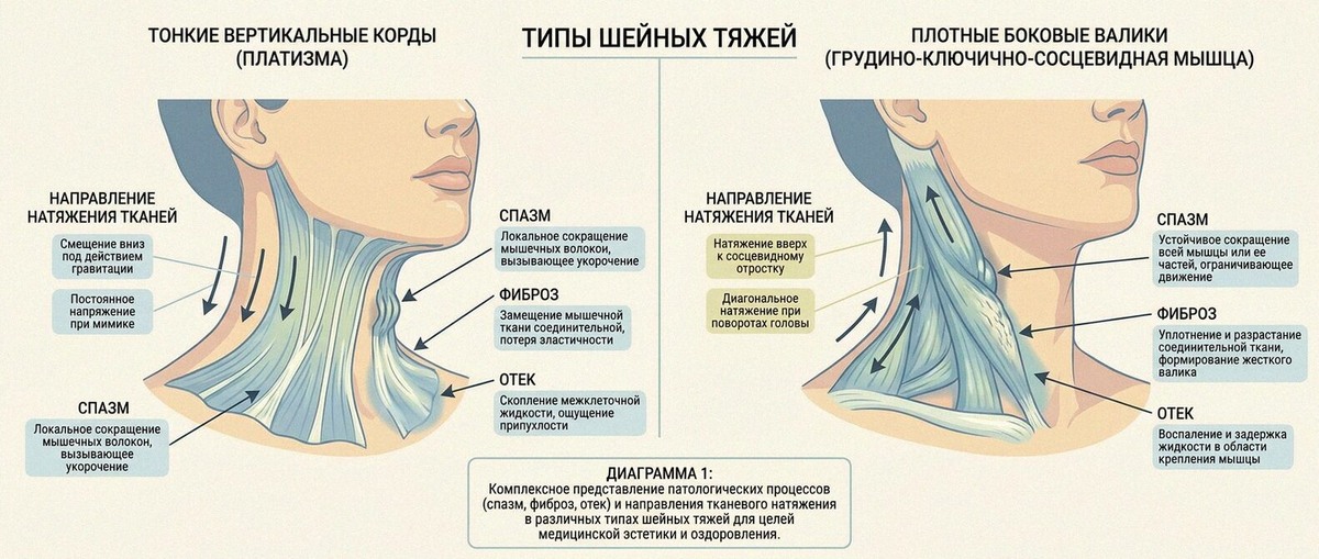 Схема: виды тяжей на шее и причины их появления