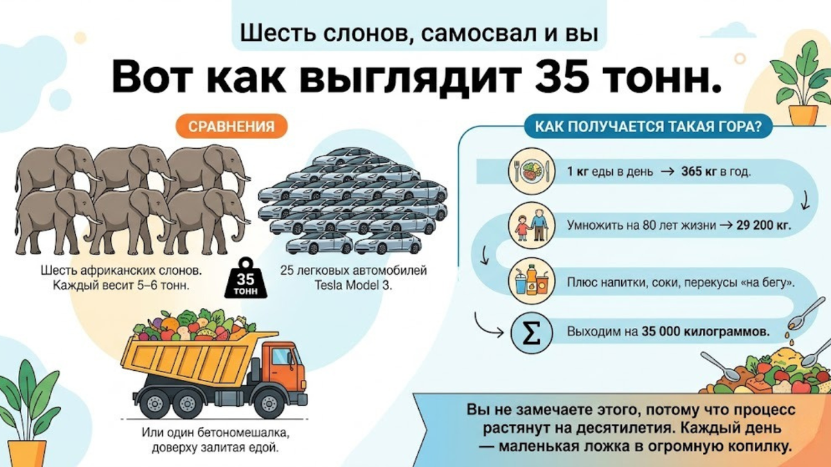 человек съедает 35 тонн еды за жизнь сравнение с шестью слонами