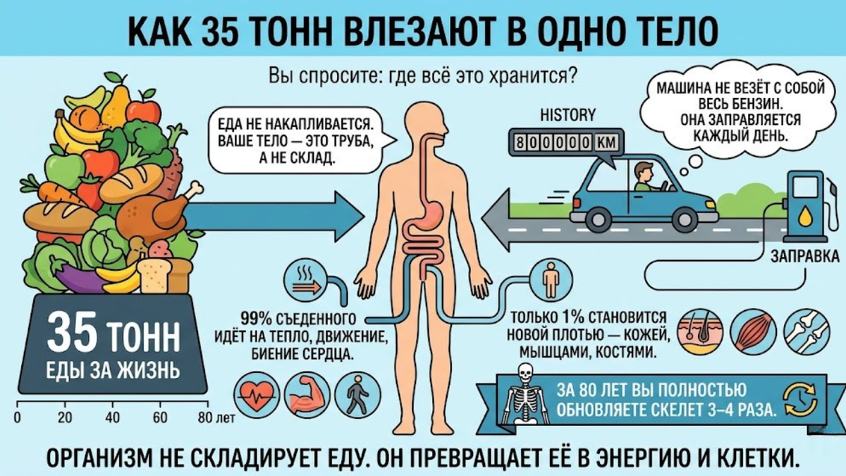 метаболизм человека сколько тонн еды перерабатывает организм за жизнь