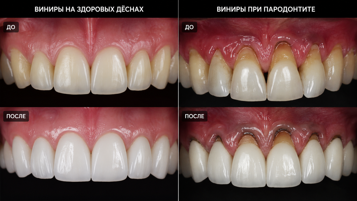 Сравнение: виниры на здоровых и больных дёснах