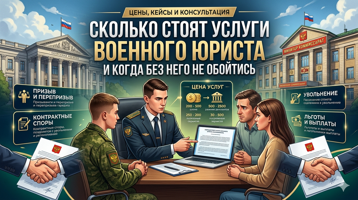 Сколько стоят услуги военного юриста в 2026 году и в каких ситуациях без него действительно не обойтись? Разбираем цены на консультации, сопровождение ВВК, обжалование решений военкомата, помощь контрактникам и мобилизованным. Реальные кейсы, типичные ошибки и практические советы по защите прав.