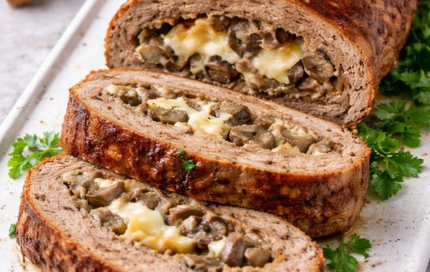 Сочный мясной рулет с грибной начинкой и сыром