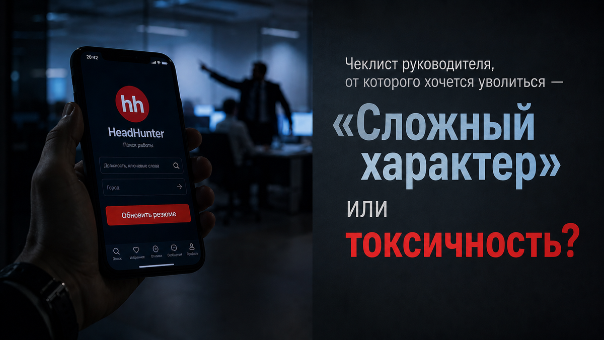 Сотрудник в ночном офисе обновляет резюме на смартфоне из-за токсичного руководителя.