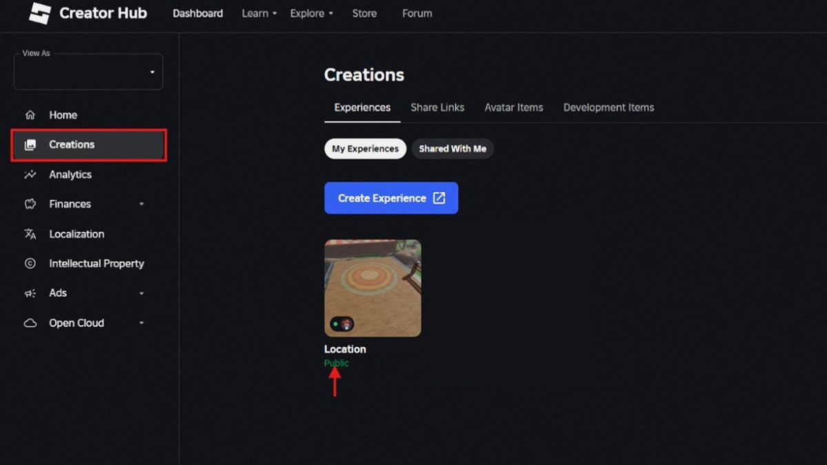 2. Вас перекинет в Creator Hub. В левом меню выберите пункт Creations, а затем проект, в который вы хотите добавить геймпасс. Обратите внимание, что проект должен быть публичным.