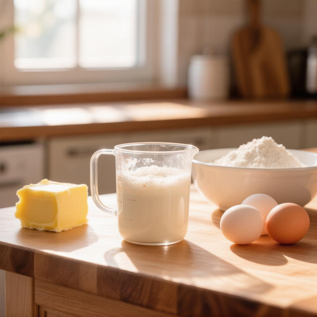 Базовый набор продуктов для воздушной домашней сдобы. Все ингредиенты должны быть теплыми