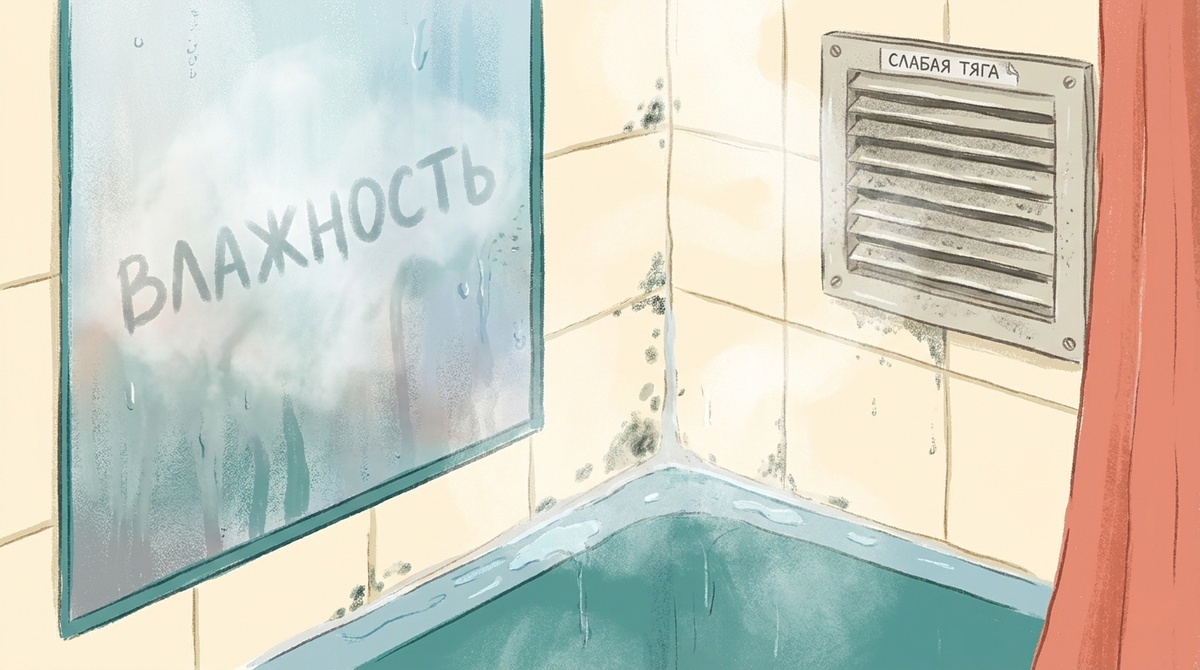 Угол ванной с тёмными следами плесени, запотевшим зеркалом и вентиляционной решёткой - сырость после душа уходит слишком медленно