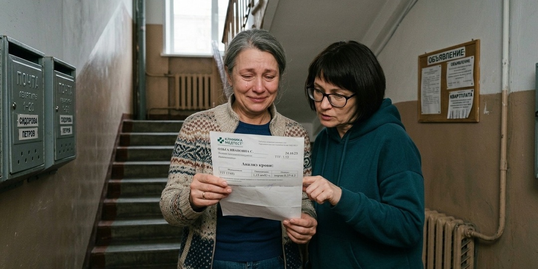Эндокринолог сказала: "ТТГ в норме". Но на бланке были ещё 2 строки, из-за которых я отправила соседку к врачу снова