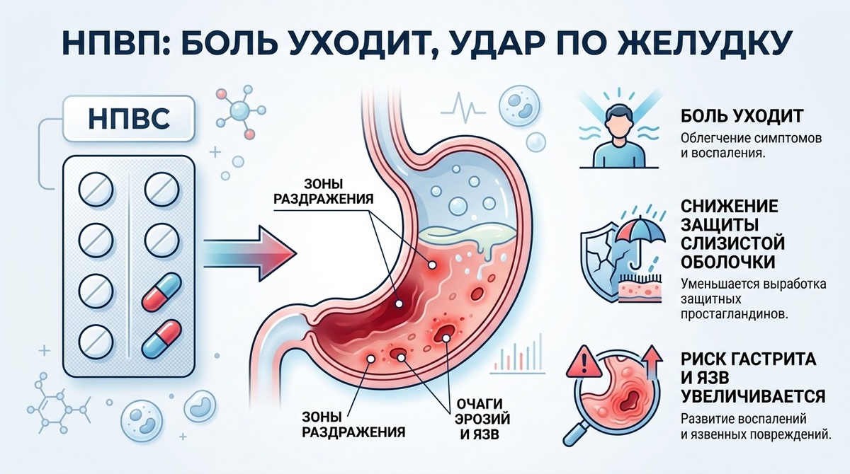 желудок и верхнюю часть двенадцатиперстной кишки. А НПВП повреждают и тонкий кишечник тоже