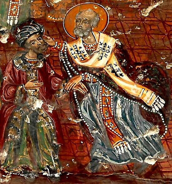 Свт. Николай дает пощечину еретику Арию. Фреска Никейского собора, монастырь Сумела